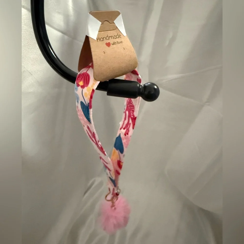 Handmade Floral Deer Print Wristlet Keychain with Light Pink Pompom
